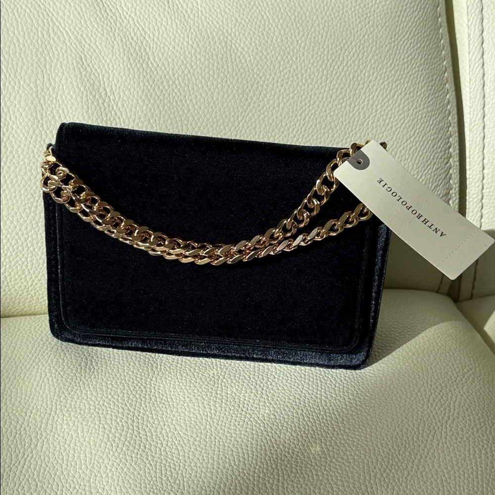Anthropologie‎ Midnight Velvet Clutch with Gold Chain
